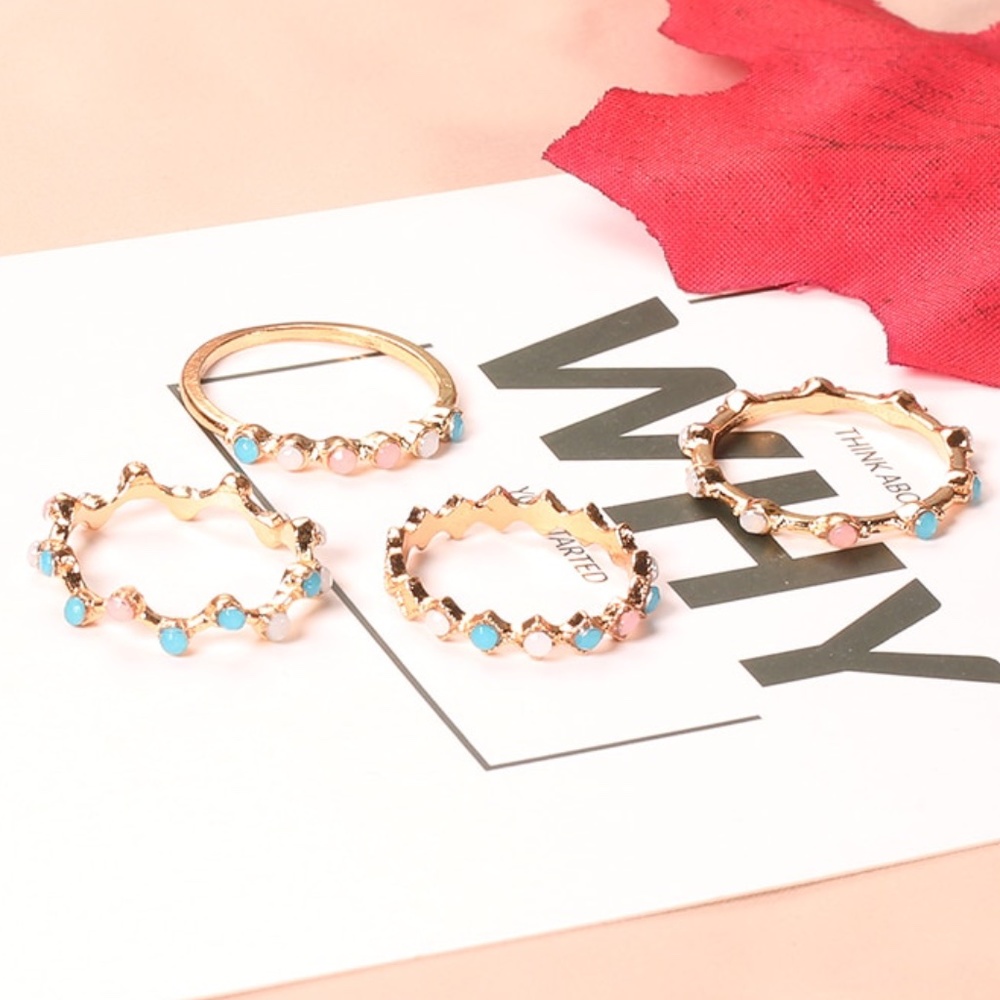 Pastel Colorful Stone Beads 4-piece Gold Ring Set - Picture 4 of 6